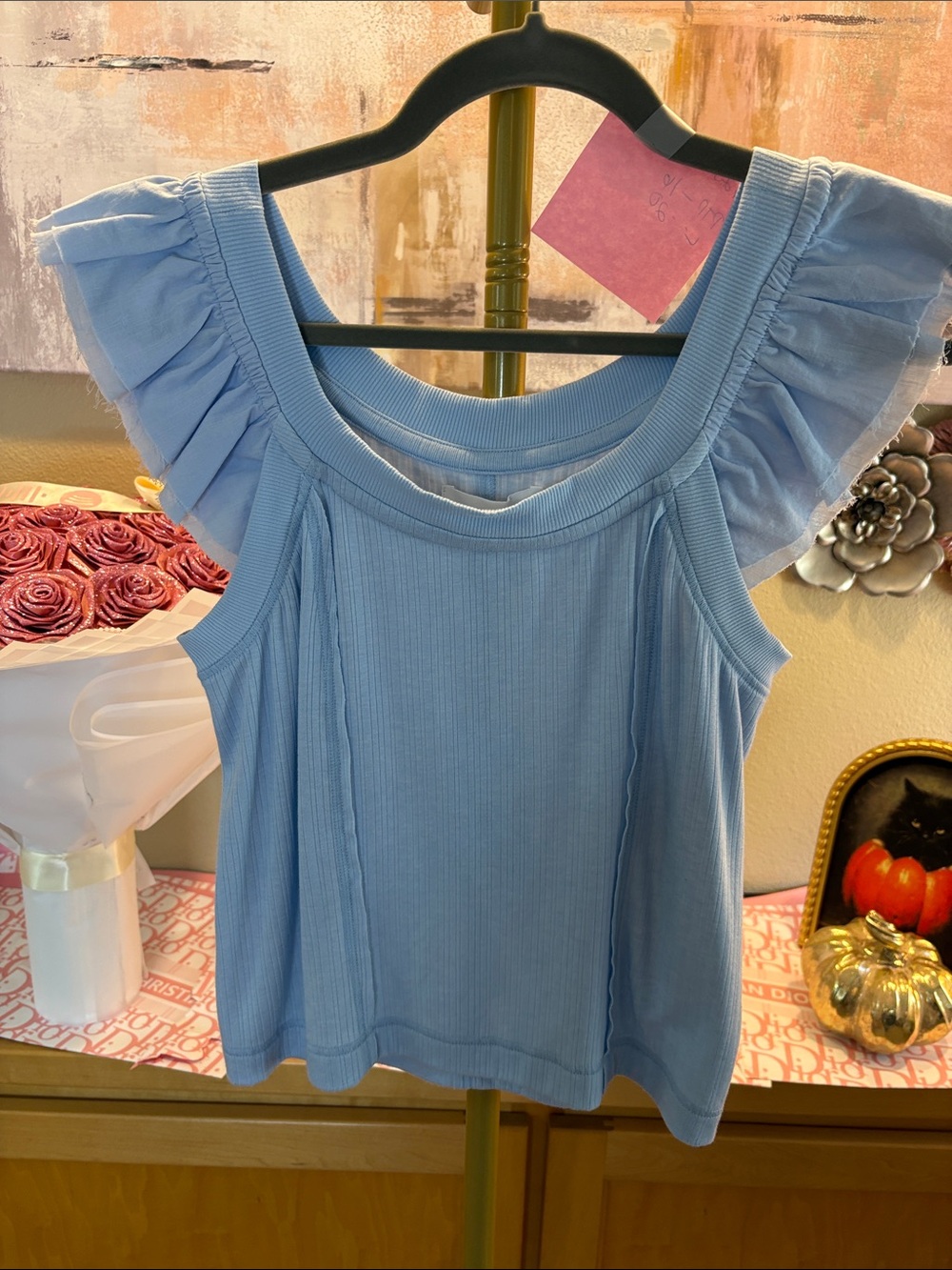 Dear John Sky Blue Ruffle Sleeve Ribbed Tank